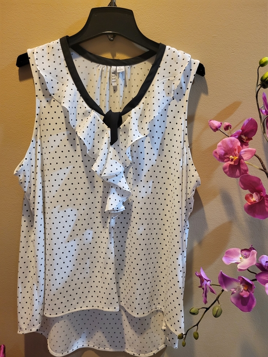 Elle Pants - Elle White Sleeveless Polka Dot Ruffle Blouse with Black Trim